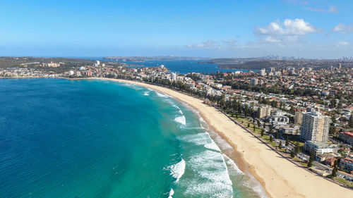 Drone view of manly beach and the sydney harbour area, sydney, new south wales, australia.
