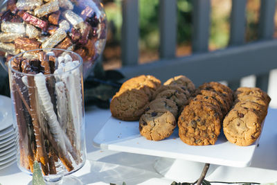 Close-up of cookies in plate on table