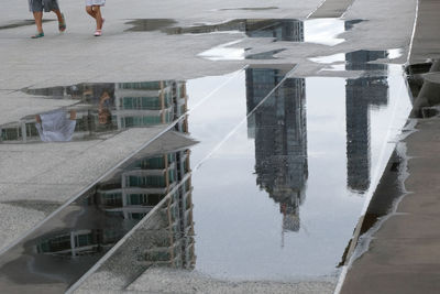 Reflection of buildings in puddle