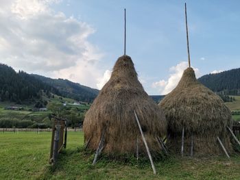 Panoramic view of wooden posts on field against sky