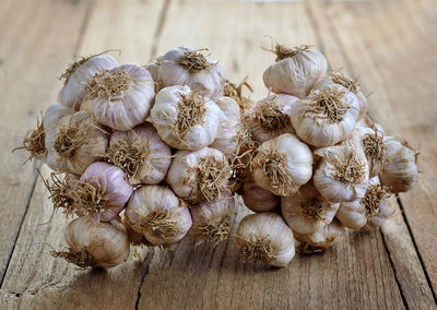 High angle view of garlic on table