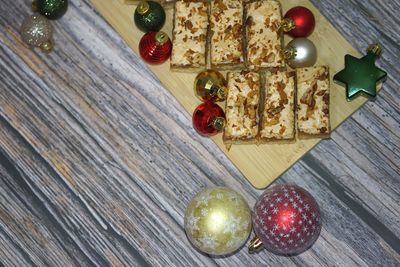 High angle view of christmas decorations on table