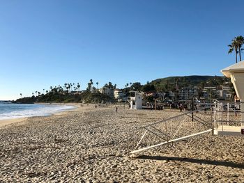 Scenic view of beach against clear blue sky