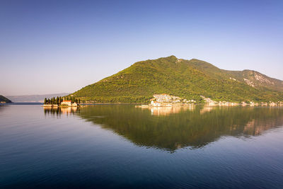 Scenic view of lake against clear blue sky