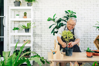 Senior man gardening at shop