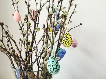 Close-up of easter eggs hanging from plants in vase