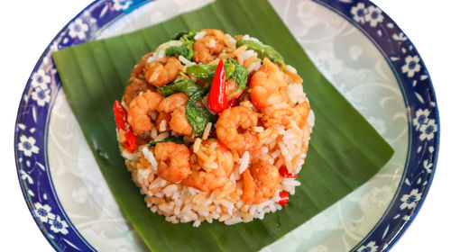 High angle view of food served in plate