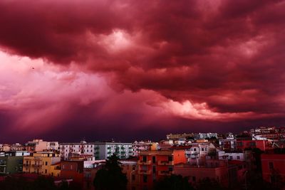 Panoramic view of buildings against dramatic sky