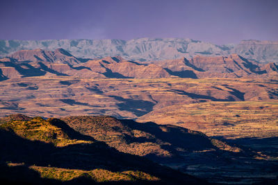 Scenic view of lalibela mountains against sunrise sky