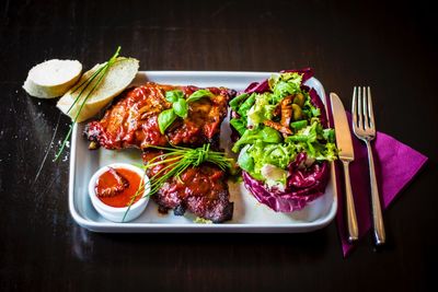 Close-up of food served in plate