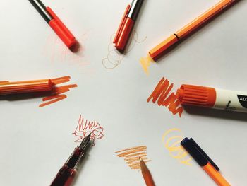 High angle view of colored pencils on table