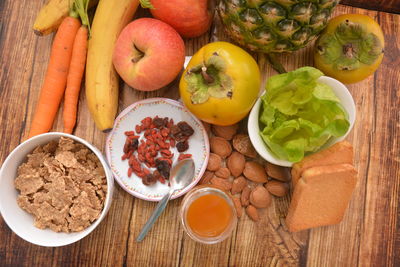 High angle view of breakfast on table