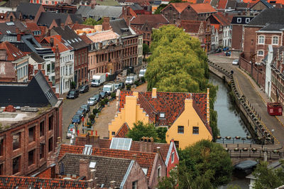 Old buildings seen from the gravensteen castle at ghent. a city full of gothic buildings in belgium.