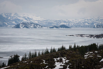 Scenic view of snow covered mountains