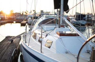 Sailboats moored in harbor