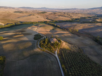 High angle view of agricultural field against sky