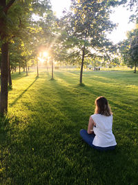 Rear view of woman sitting on field