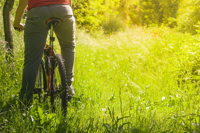 Rear view of man riding bicycle on grassy field