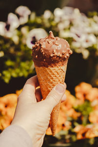 Female hand holding delicious american vanilla chocolate ice cream. tasty homemade icecream gelato