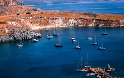 High angle view of boats in sea