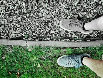 High angle view of human leg on grass and stone