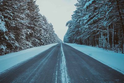 Road amidst snow covered trees