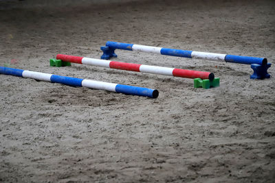 High angle view of traffic cones on field