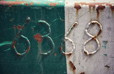 Close-up of rusty metal numbers