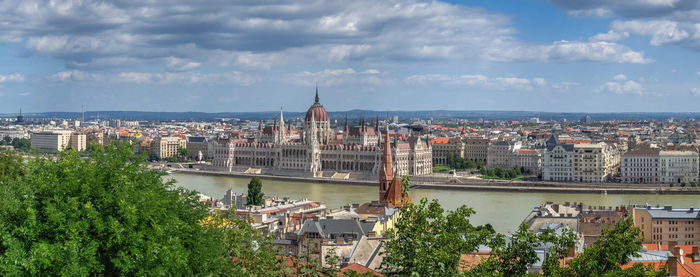 Panoramic view of the danube river and parliament building in budapest, hungary, on a summer day