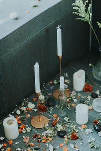 High angle view of candles on table