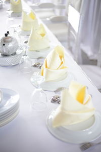 High angle view of place setting on table at restaurant