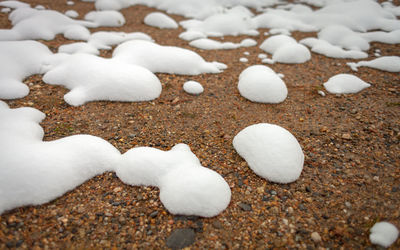 Close-up of snow on pebbles