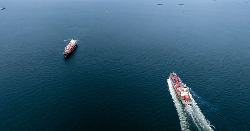 High angle view of ship in sea