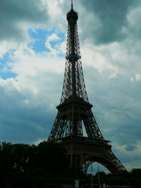 Low angle view of eiffel tower against cloudy sky