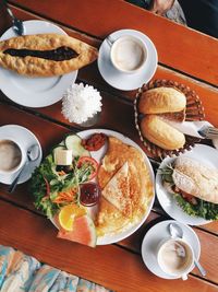 High angle view of breakfast on table