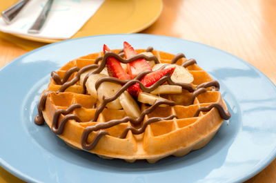 High angle view of dessert in plate on table