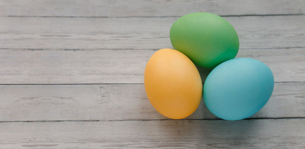 Directly above shot of multi colored eggs on table