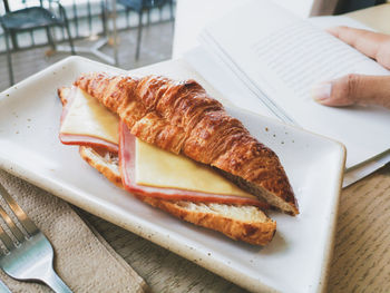 High angle view of breakfast served on table