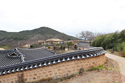 High angle view of historic building against sky