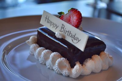 Close-up of cake slice in plate