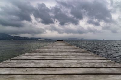 Surface level of pier over sea against sky