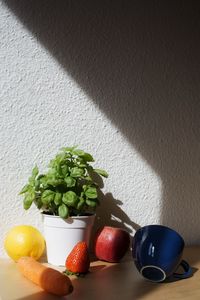 Close-up of fruits on table against wall