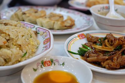 Close-up of food served on table