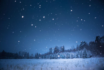 A beautiful, dark winter scenery while snowing. bright white snowflakes.