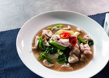 High angle view of soup in bowl on table