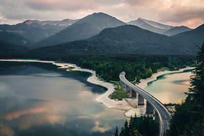 Scenic view of lake and mountains against sky