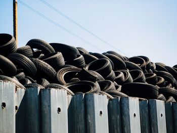 Low angle view of metal fence against clear sky