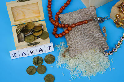 High angle view of coins on table