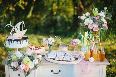 Birthday party candy bar with cake and desserts