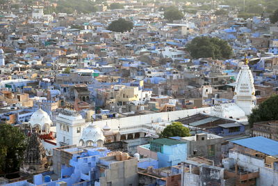 High angle view of houses in town